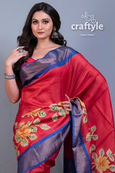 Crimson Red Zari Pure Tussar Saree with Hand Painted Design and Blouse Piece - Craftyle
