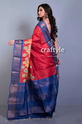 Crimson Red Zari Pure Tussar Saree with Hand Painted Design and Blouse Piece - Craftyle