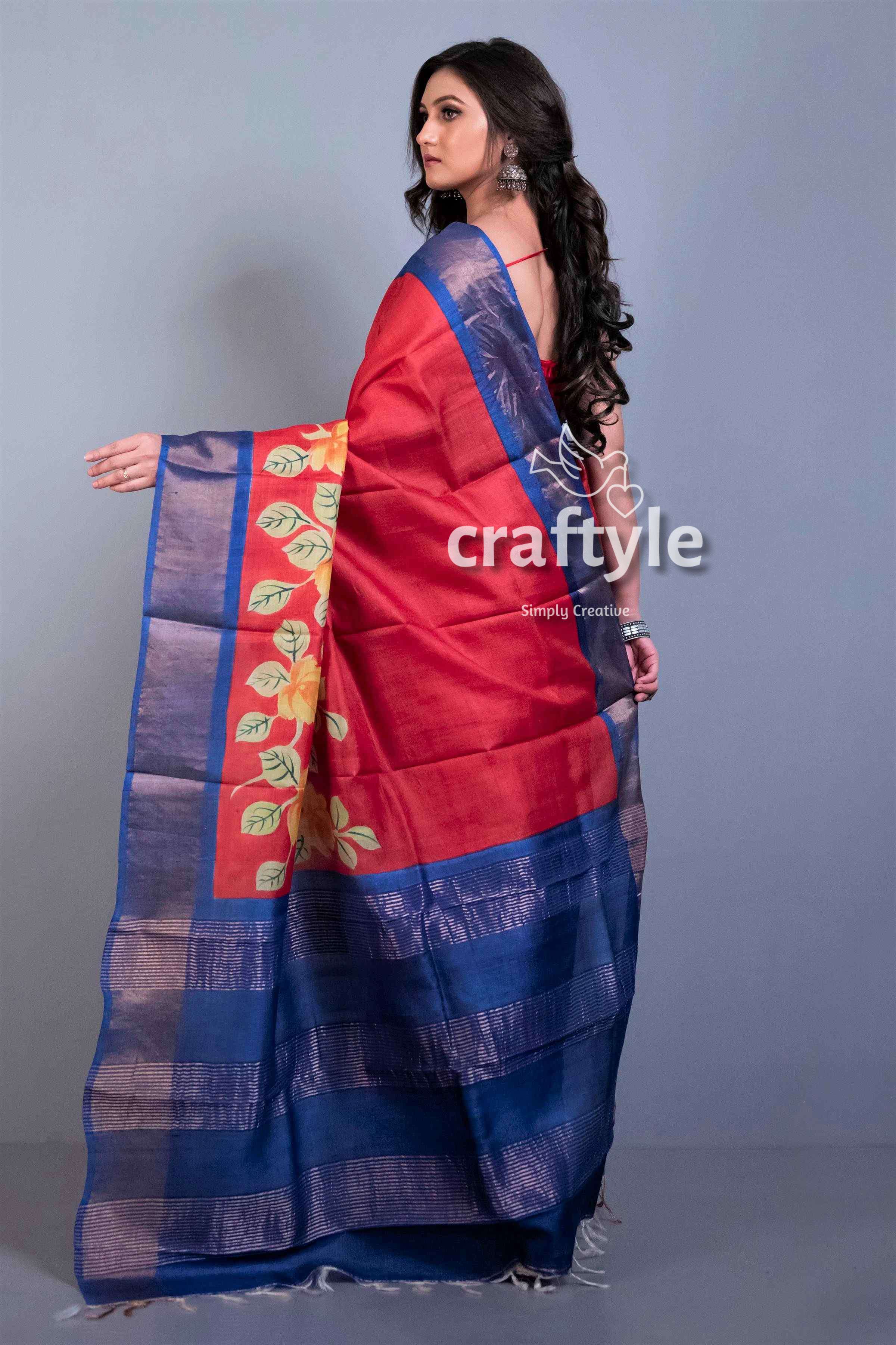 Crimson Red Zari Pure Tussar Saree with Hand Painted Design and Blouse Piece - Craftyle