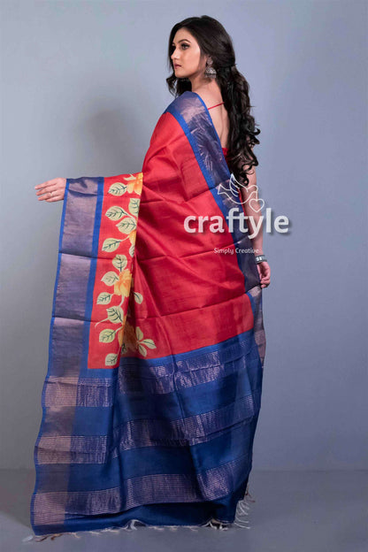 Crimson Red Zari Pure Tussar Saree with Hand Painted Design and Blouse Piece - Craftyle