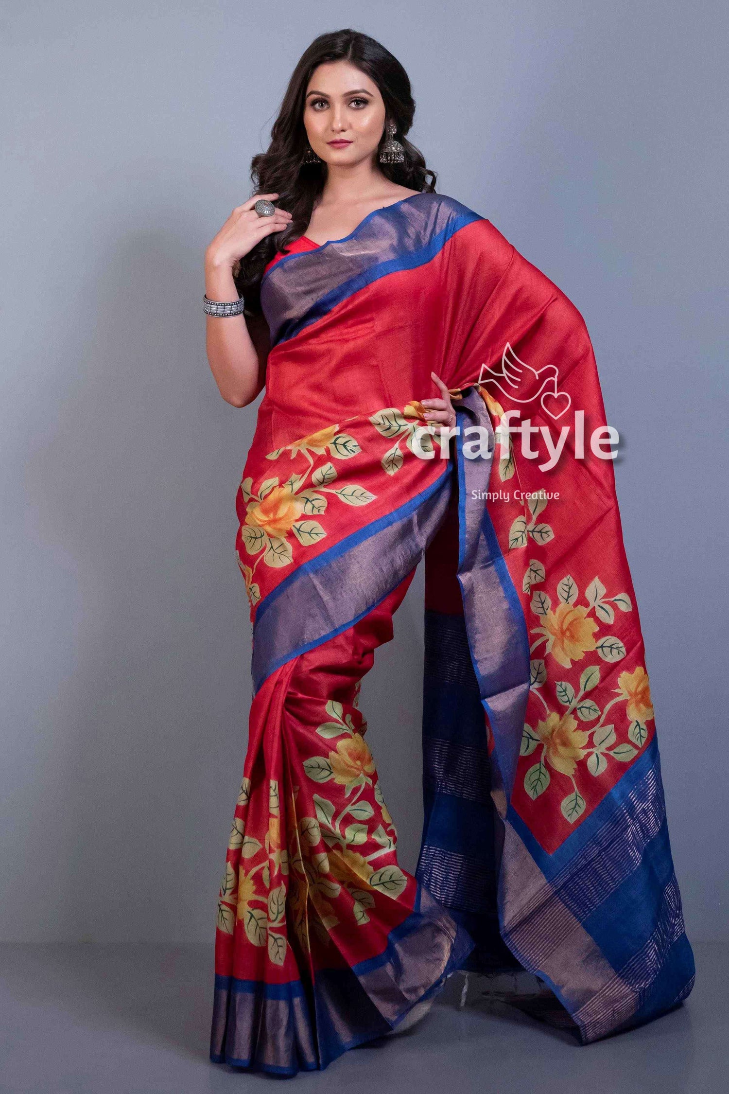 Crimson Red Zari Pure Tussar Saree with Hand Painted Design and Blouse Piece - Craftyle