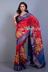 Crimson Red Zari Pure Tussar Saree with Hand Painted Design and Blouse Piece - Craftyle