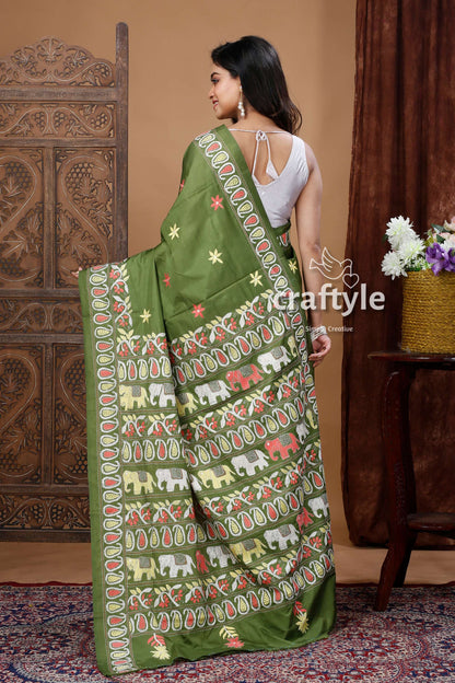 Crocodile Green Silk Kantha Stitch Saree with Running Blouse Piece-Craftyle