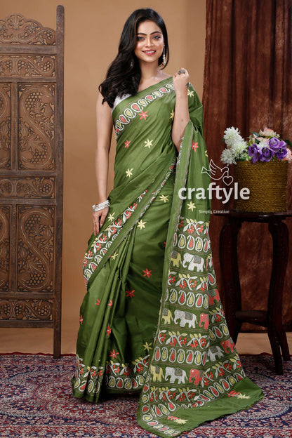 Crocodile Green Silk Kantha Stitch Saree with Running Blouse Piece-Craftyle