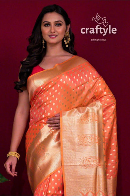 Crusta orange dual tone semi katan silk saree with blouse piece peach silk saree gold accents 2