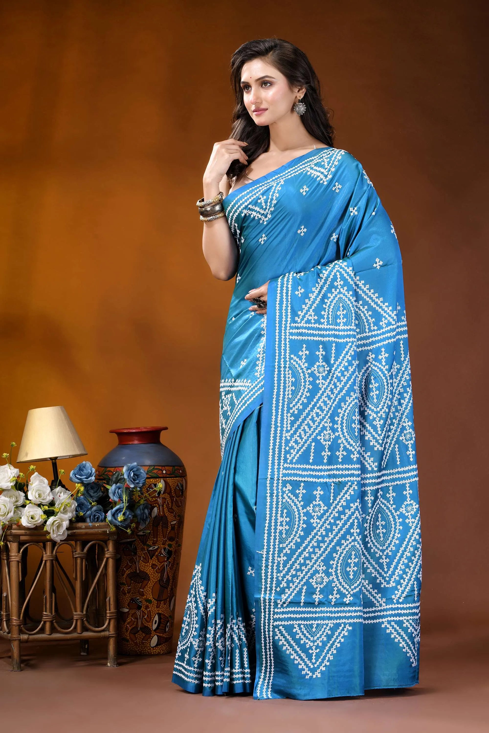 Curious blue ethnic motif handcrafted gujrati stitch silk saree vibrant blue saree intricate white 3