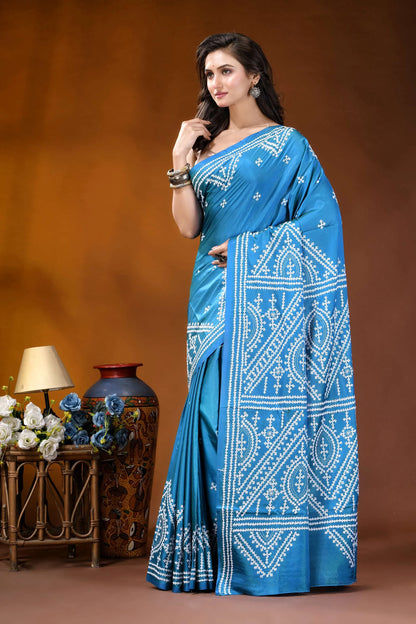 Curious blue ethnic motif handcrafted gujrati stitch silk saree vibrant blue saree intricate white 3