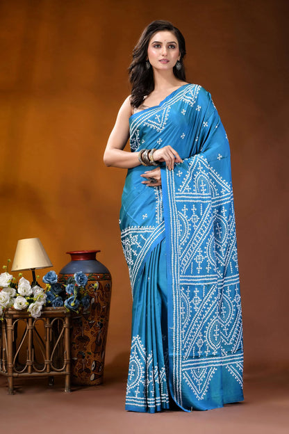 Curious blue ethnic motif handcrafted gujrati stitch silk saree vibrant blue saree adorned intricate 6