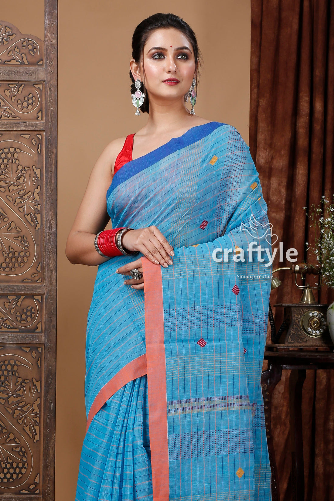 Curious Blue Handloom Cotton Saree with Intricate Stitch Work - Ethically Made-Craftyle