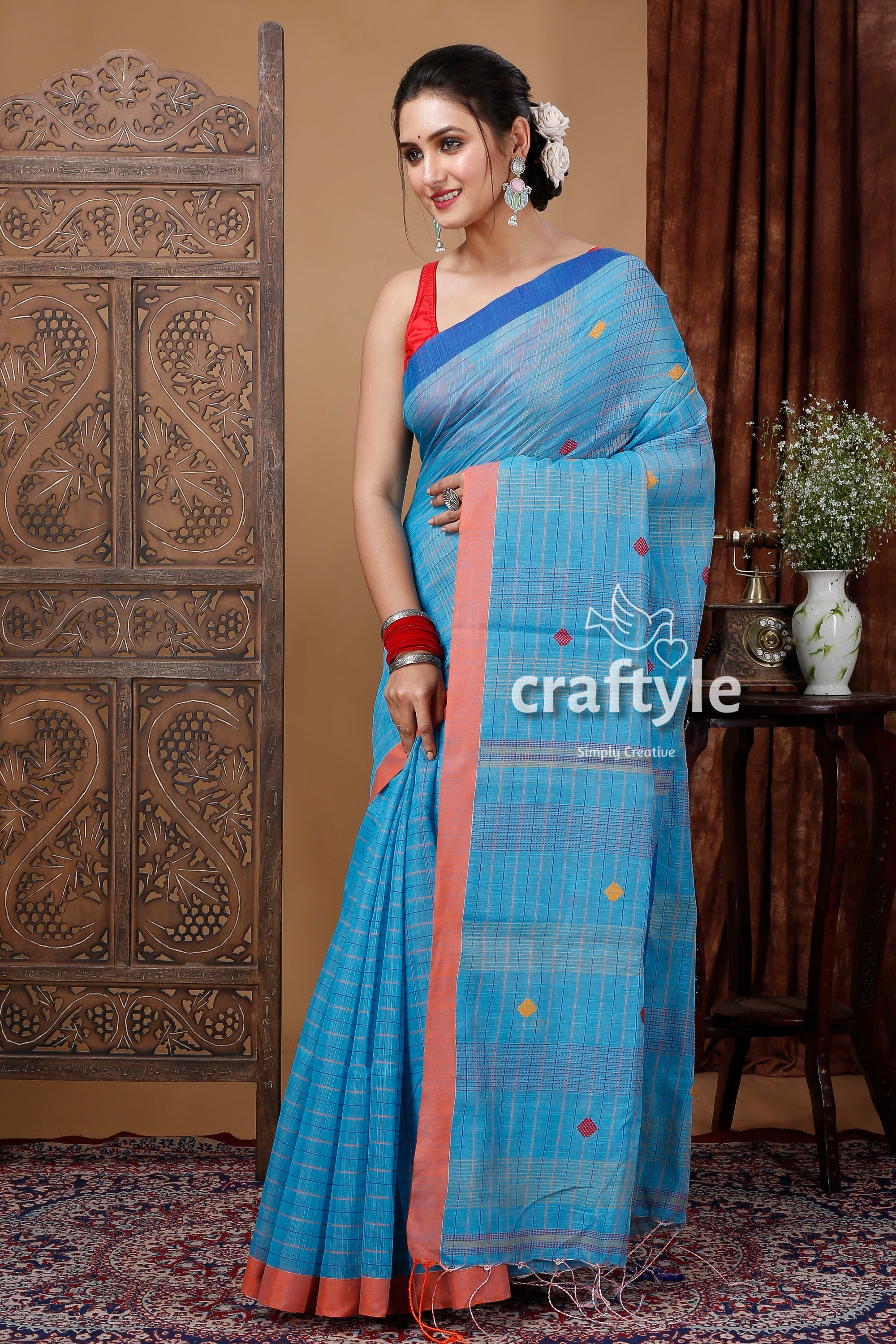 Curious Blue Handloom Cotton Saree with Intricate Stitch Work - Ethically Made-Craftyle