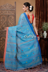 Curious Blue Handloom Cotton Saree with Intricate Stitch Work - Ethically Made-Craftyle