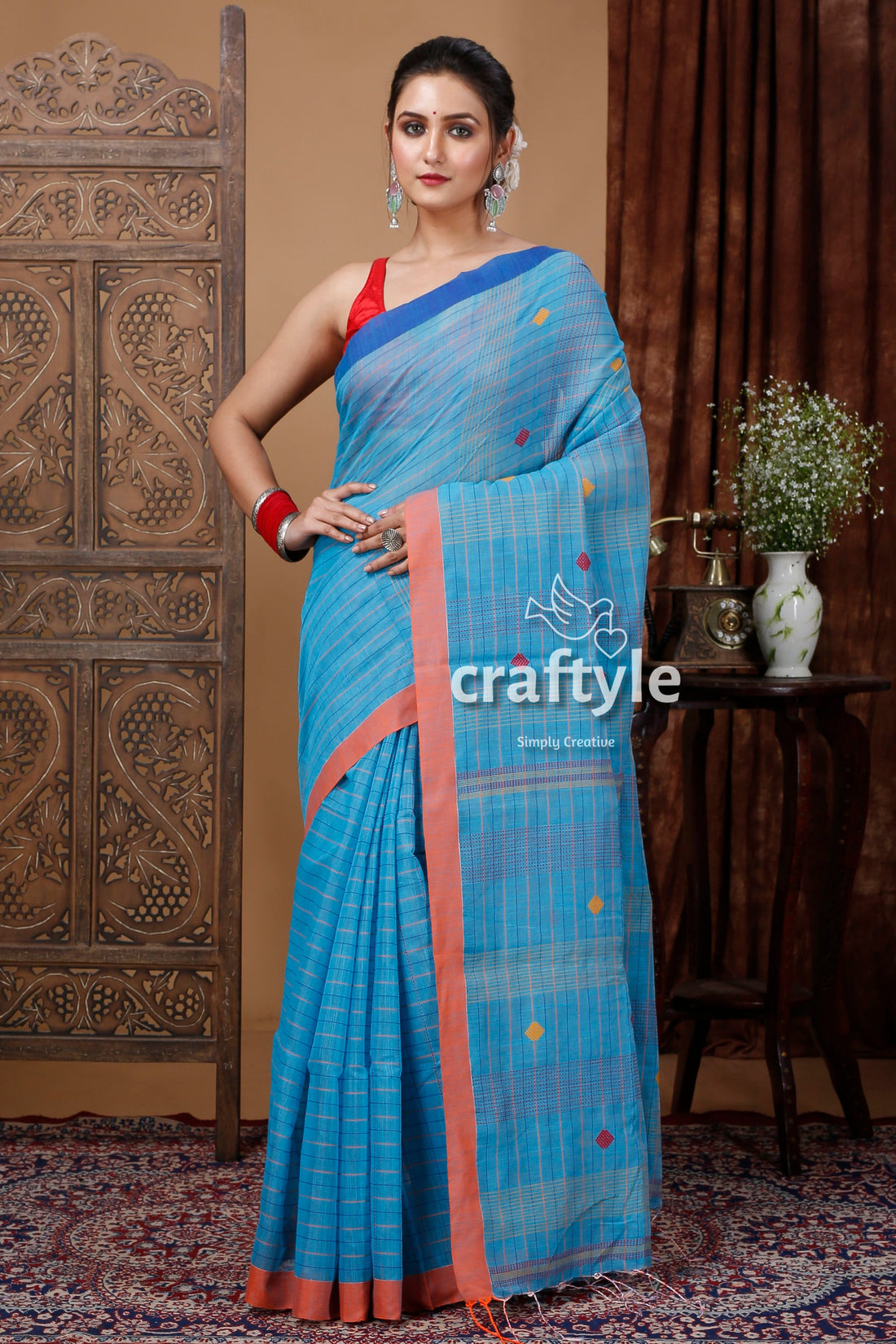 Curious Blue Handloom Cotton Saree with Intricate Stitch Work - Ethically Made-Craftyle