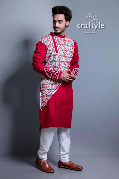 Currant red kantha work exclusive cotton ethnic punjabi for men men’s white patterned kurta 1