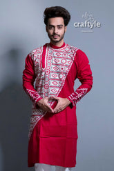 Currant red kantha work exclusive cotton ethnic punjabi for men man’s kurta white embroidered 2
