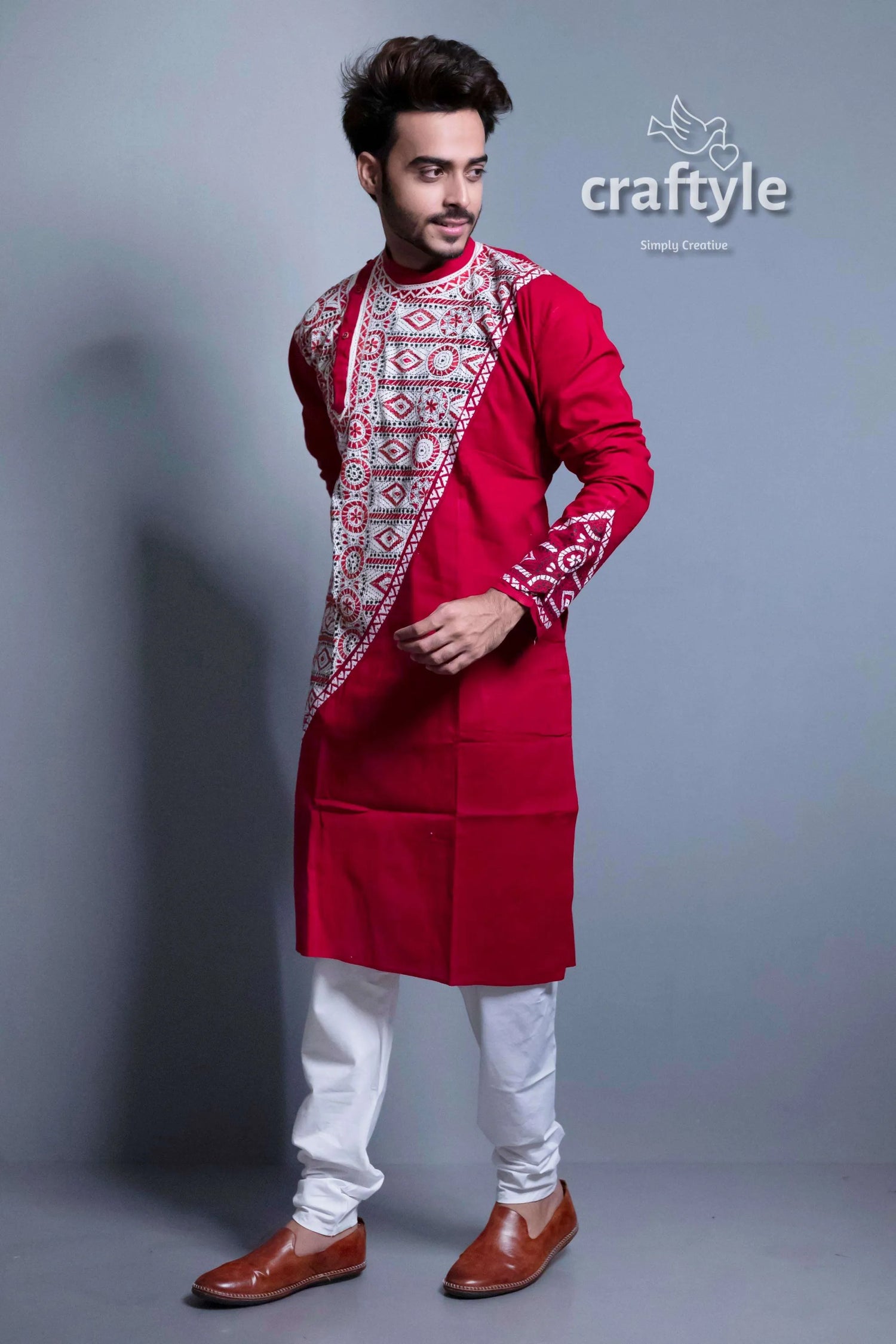 Currant red kantha work exclusive cotton ethnic punjabi for men men’s patterned kurta white 3