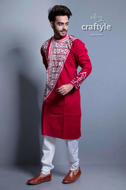 Currant red kantha work exclusive cotton ethnic punjabi for men men’s patterned kurta white 3