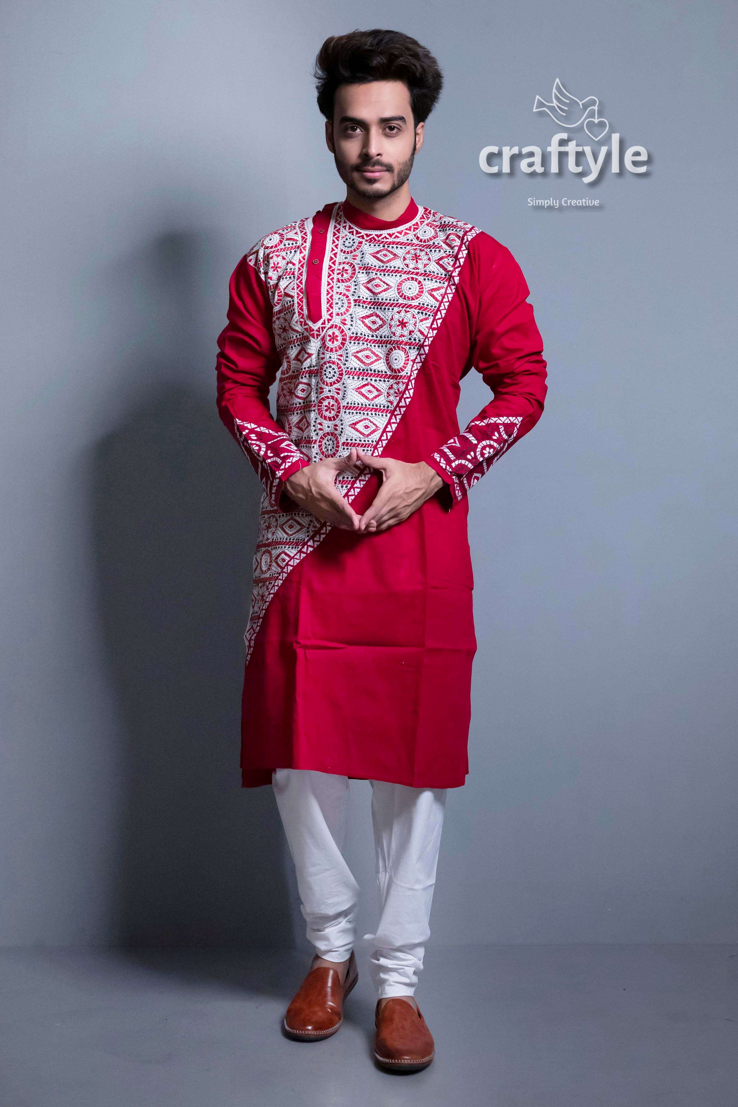 Currant Red Kantha Work Exclusive Cotton Ethnic Punjabi for Men - Craftyle