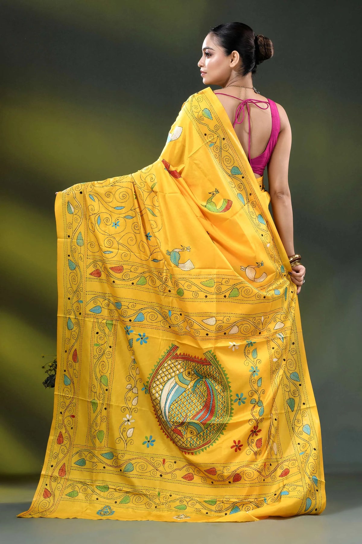 Cyber yellow fish design hand embroidered kantha silk saree 4