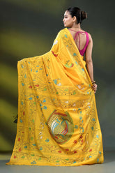 Cyber yellow fish design hand embroidered kantha silk saree 4