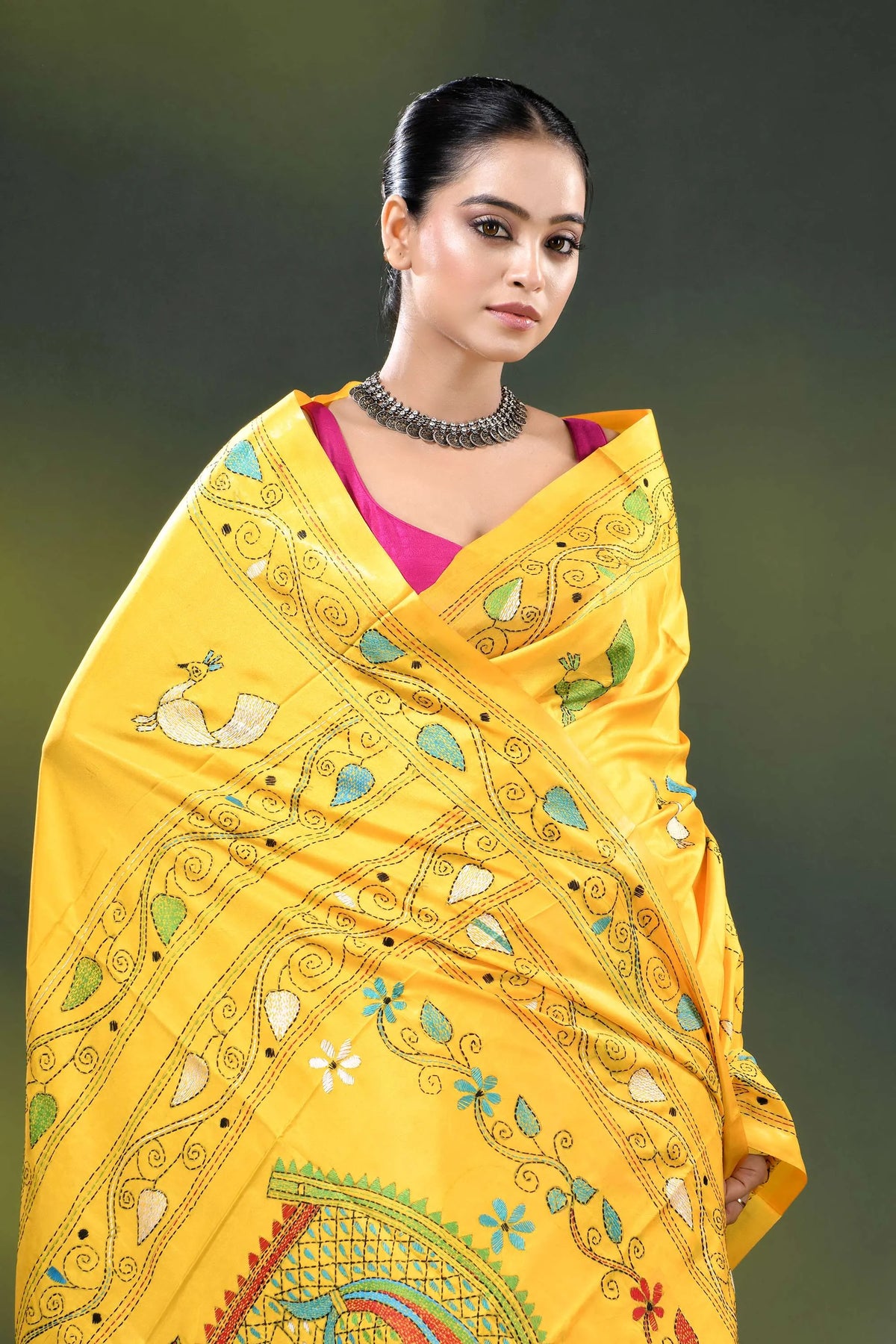 Cyber yellow fish design hand embroidered kantha silk saree 2