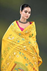 Cyber yellow fish design hand embroidered kantha silk saree 2