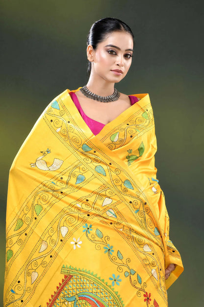 Cyber yellow fish design hand embroidered kantha silk saree 2