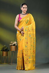 Cyber yellow fish design hand embroidered kantha silk saree 1