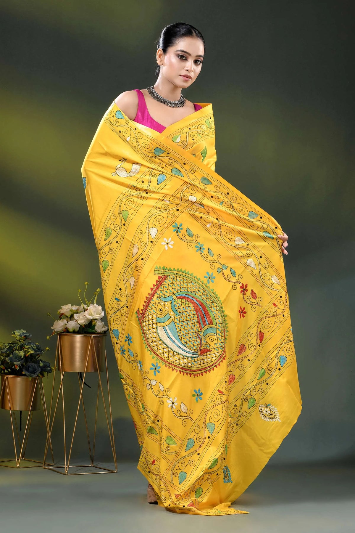 Cyber yellow fish design hand embroidered kantha silk saree 5