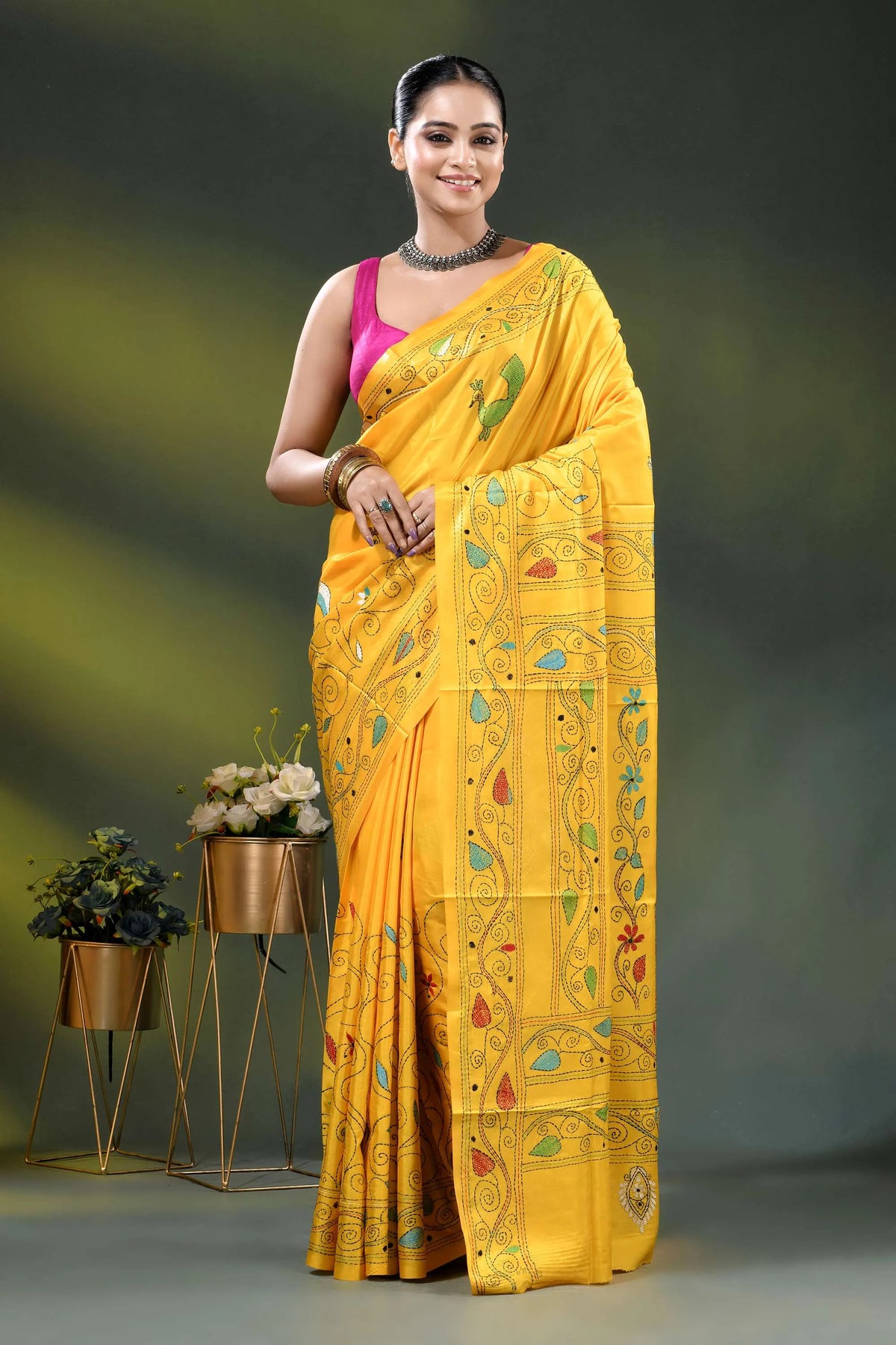 Cyber yellow fish design hand embroidered kantha silk saree 6