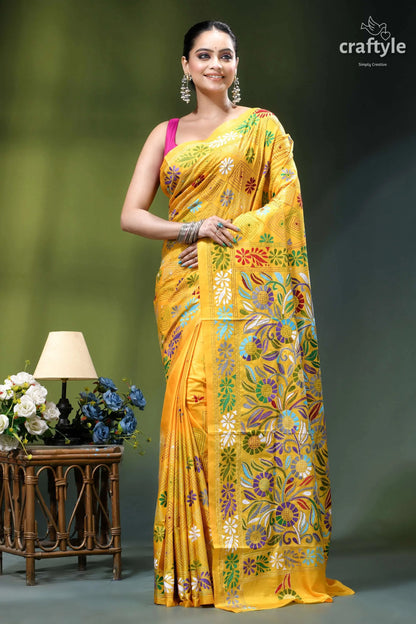 Cyber yellow floral motif elegant kantha stitch silk sari vibrant yellow saree adorned intricate 7