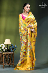 Cyber yellow floral motif elegant kantha stitch silk sari vibrant yellow saree intricate floral 6