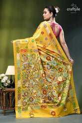 Cyber yellow floral motif elegant kantha stitch silk sari vibrant yellow silk saree adorned 5