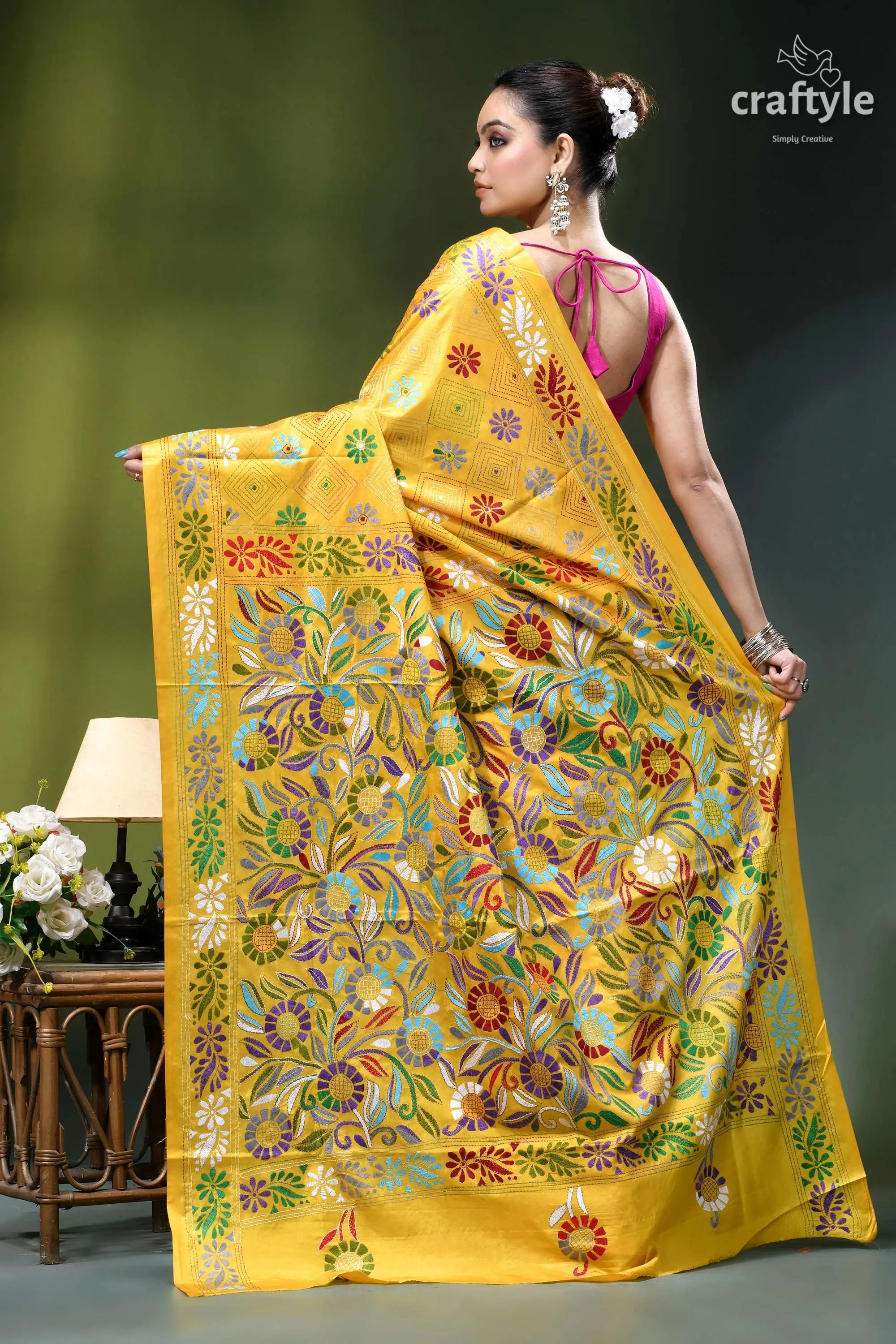 Cyber yellow floral motif elegant kantha stitch silk sari vibrant yellow silk saree adorned 5