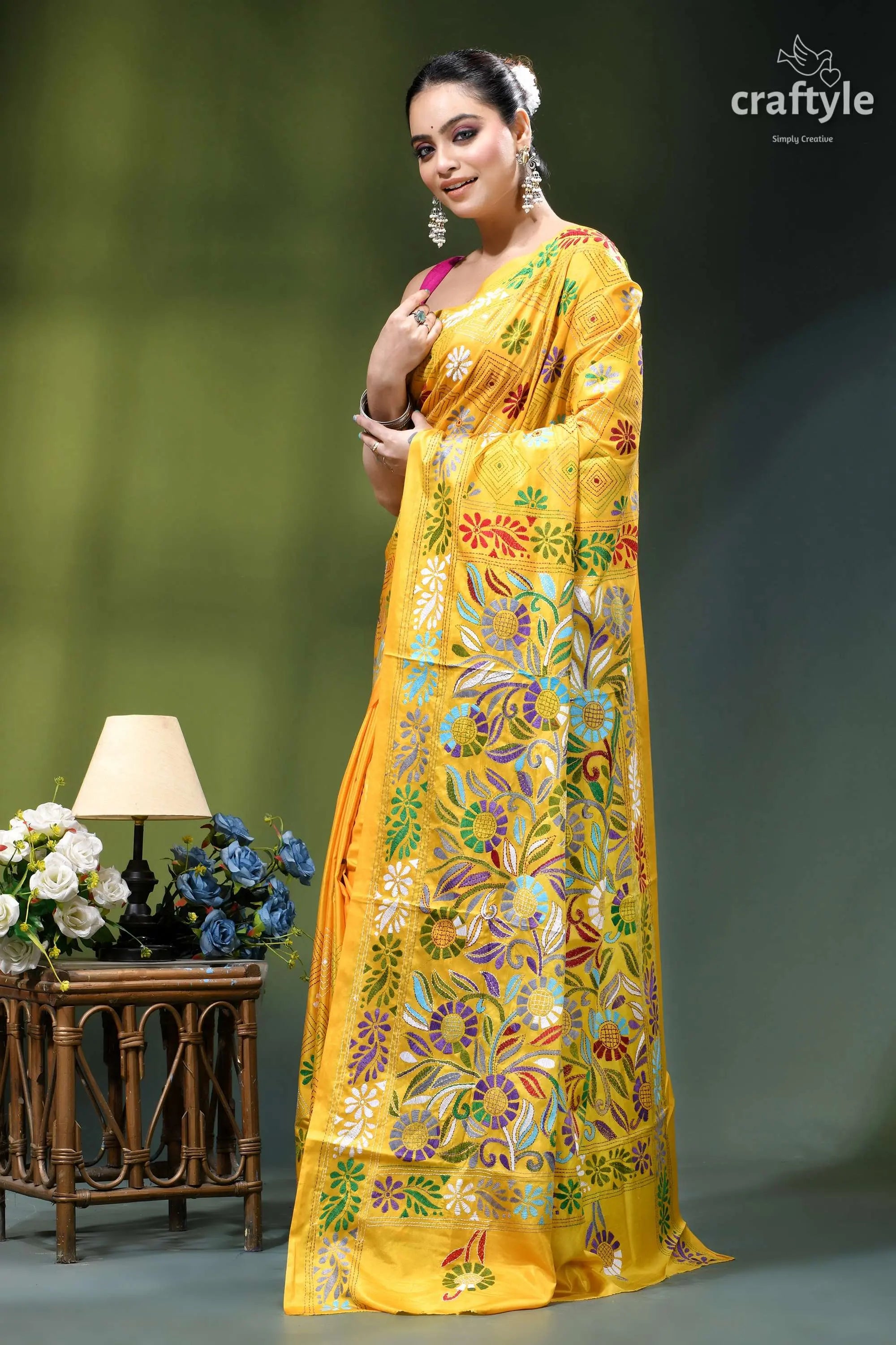 Cyber yellow floral motif elegant kantha stitch silk sari vibrant yellow silk saree adorned 3