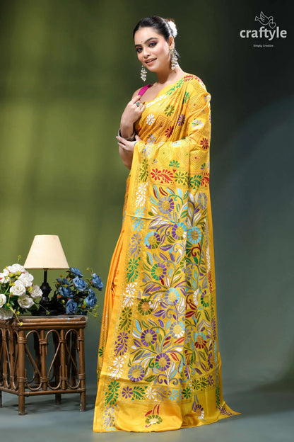 Cyber yellow floral motif elegant kantha stitch silk sari vibrant yellow silk saree adorned 3