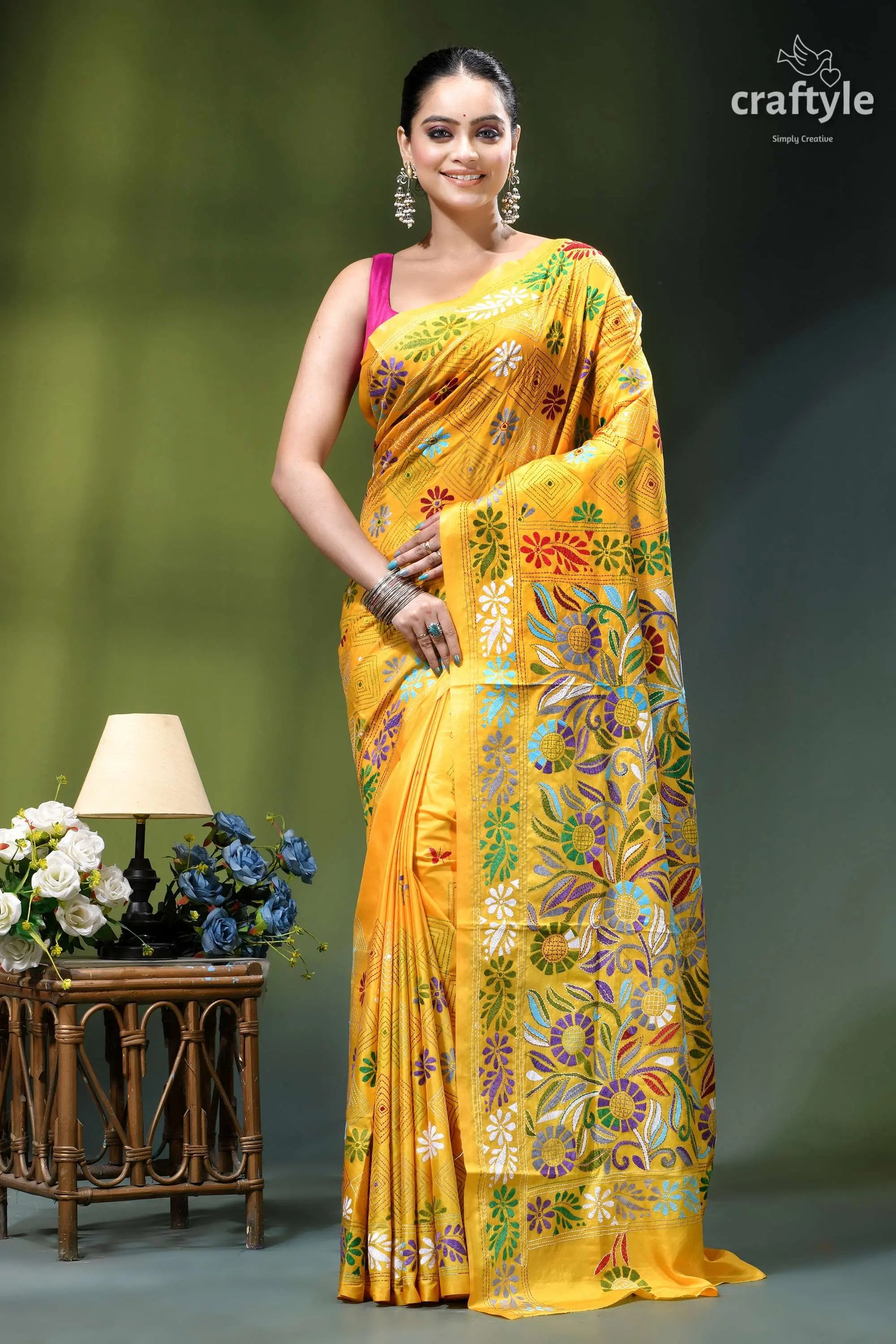 Cyber yellow floral motif elegant kantha stitch silk sari vibrant yellow silk saree adorned 1
