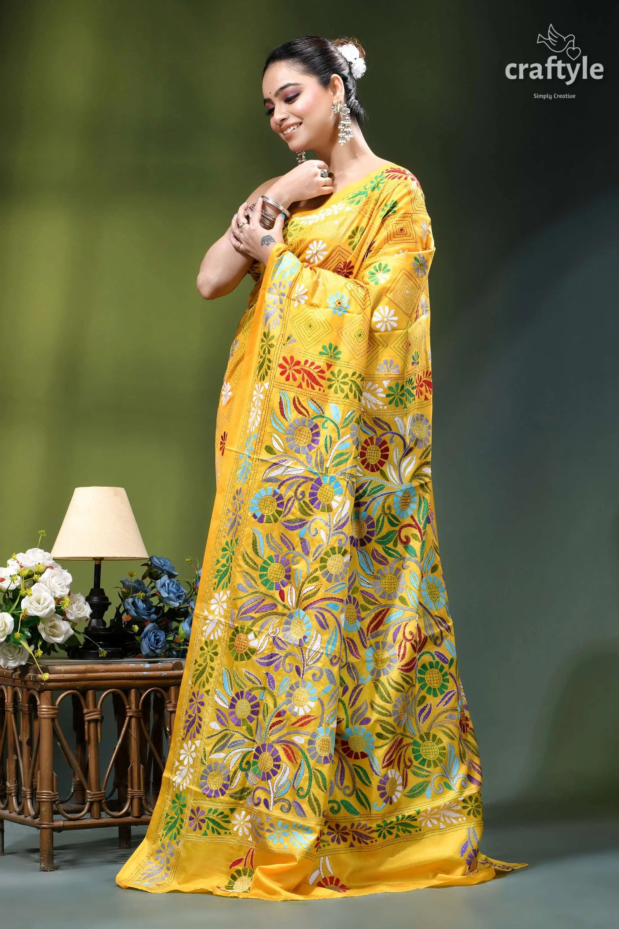 Cyber yellow floral motif elegant kantha stitch silk sari vibrant yellow silk saree adorned 4