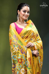 Cyber yellow floral motif elegant kantha stitch silk sari vibrant yellow silk saree adorned 2