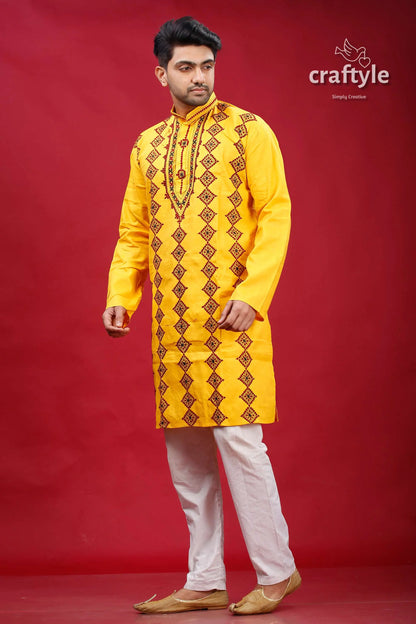 Cyber yellow gujrati stitched cotton mens kurta - kantha work yellow embroidered kurta white pants 3
