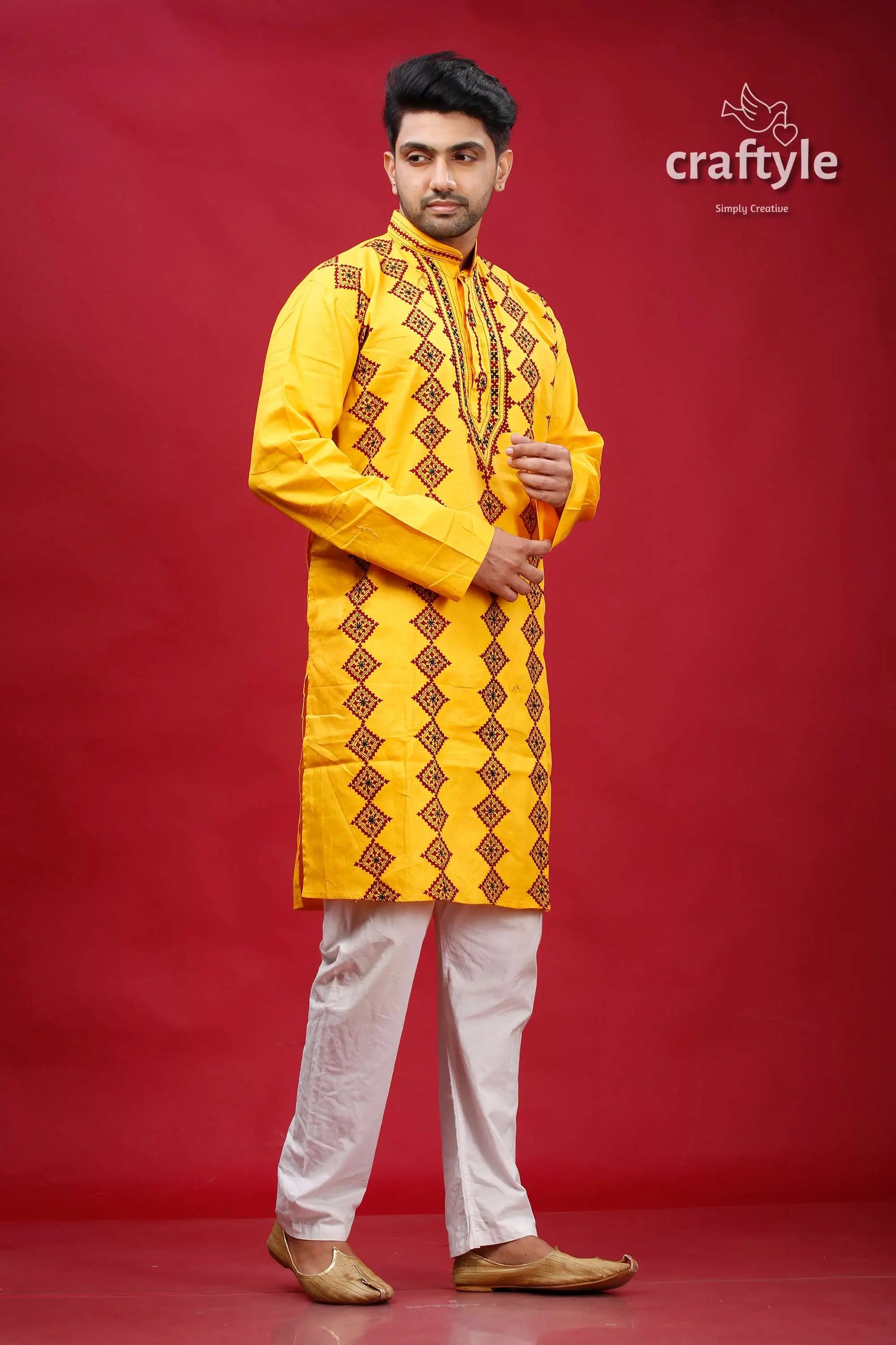 Cyber yellow gujrati stitched cotton mens kurta - kantha work man yellow kurta pajama 4
