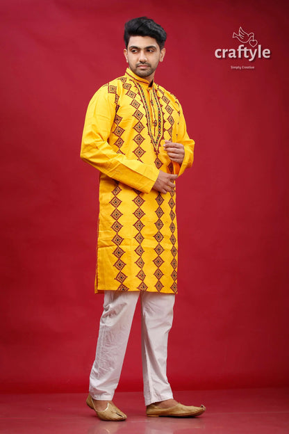 Cyber yellow gujrati stitched cotton mens kurta - kantha work man yellow kurta pajama 4