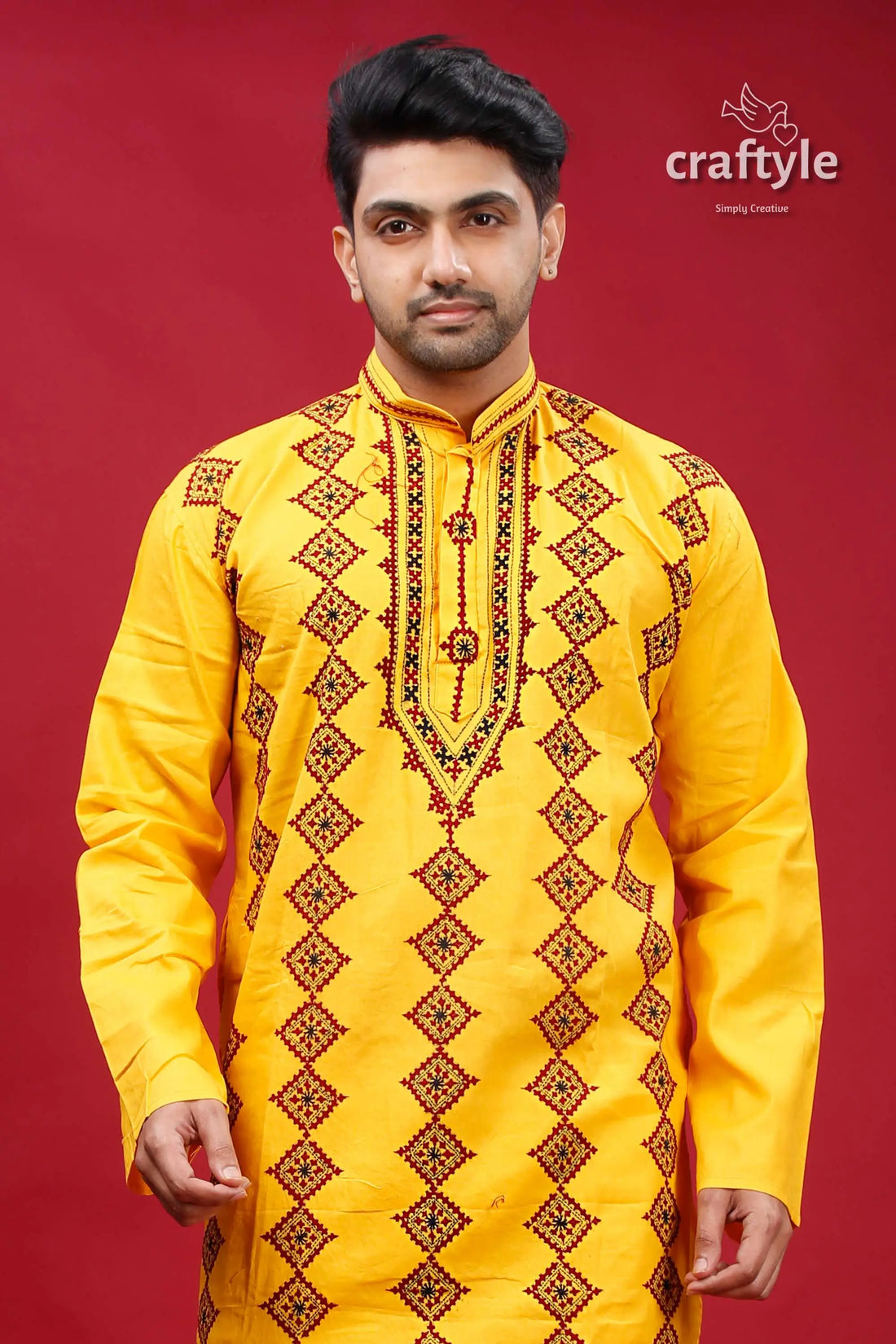 Cyber yellow gujrati stitched cotton mens kurta kantha work yellow embroidered kurta 2