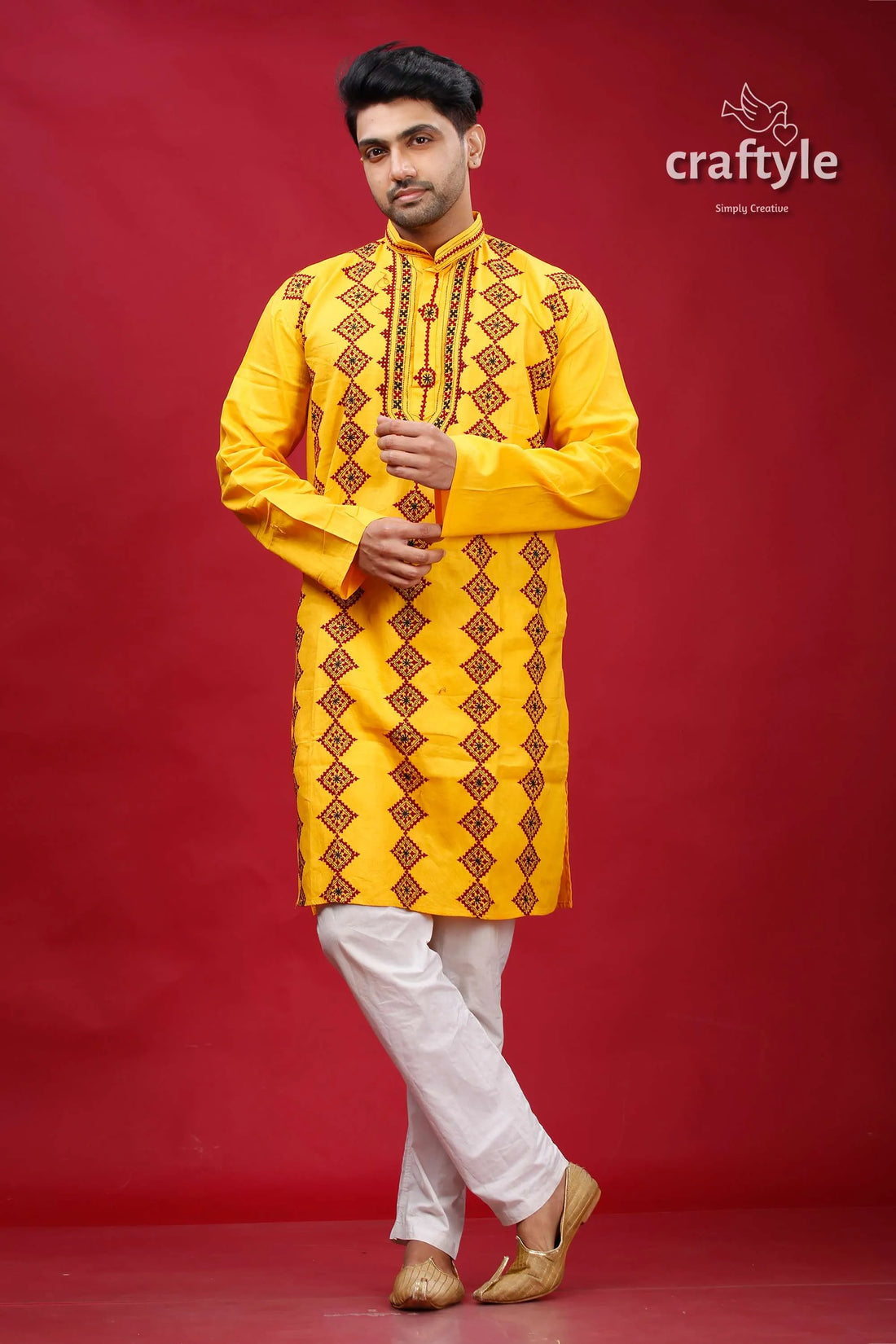 Cyber yellow gujrati stitched cotton mens kurta - kantha work yellow embroidered kurta 1
