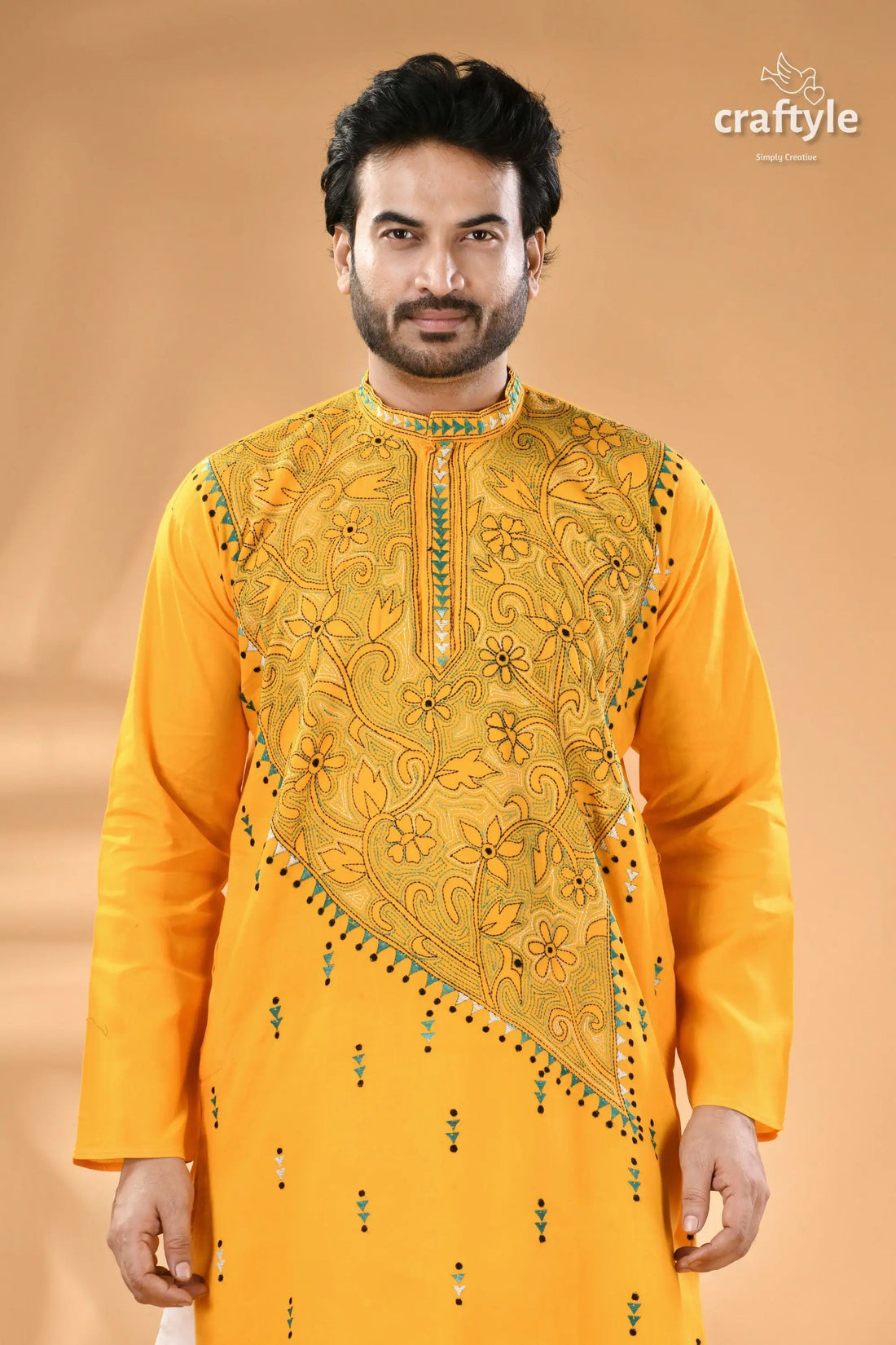 Cyber yellow hand kantha work cotton ethnic punjabi reverse stitch men’s yellow embroidered kurta 2