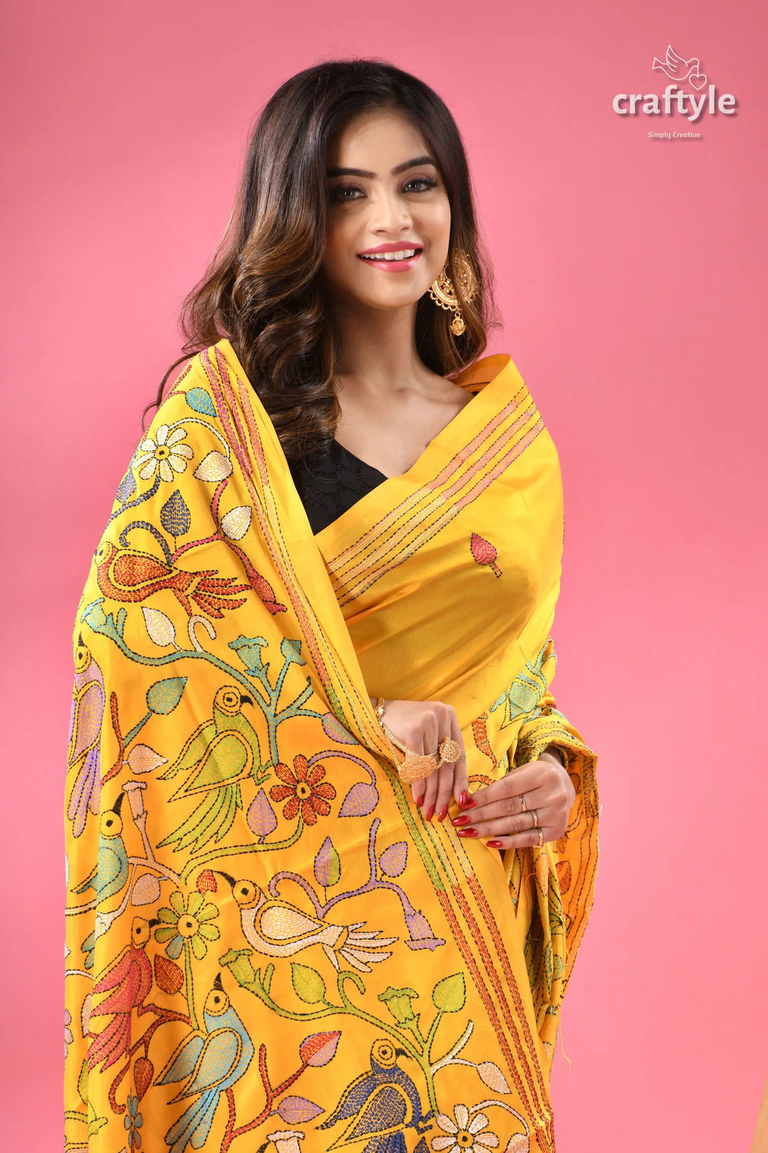 Cyber yellow multicolor bird motif silk kantha saree vibrant yellow saree adorned colorful 2
