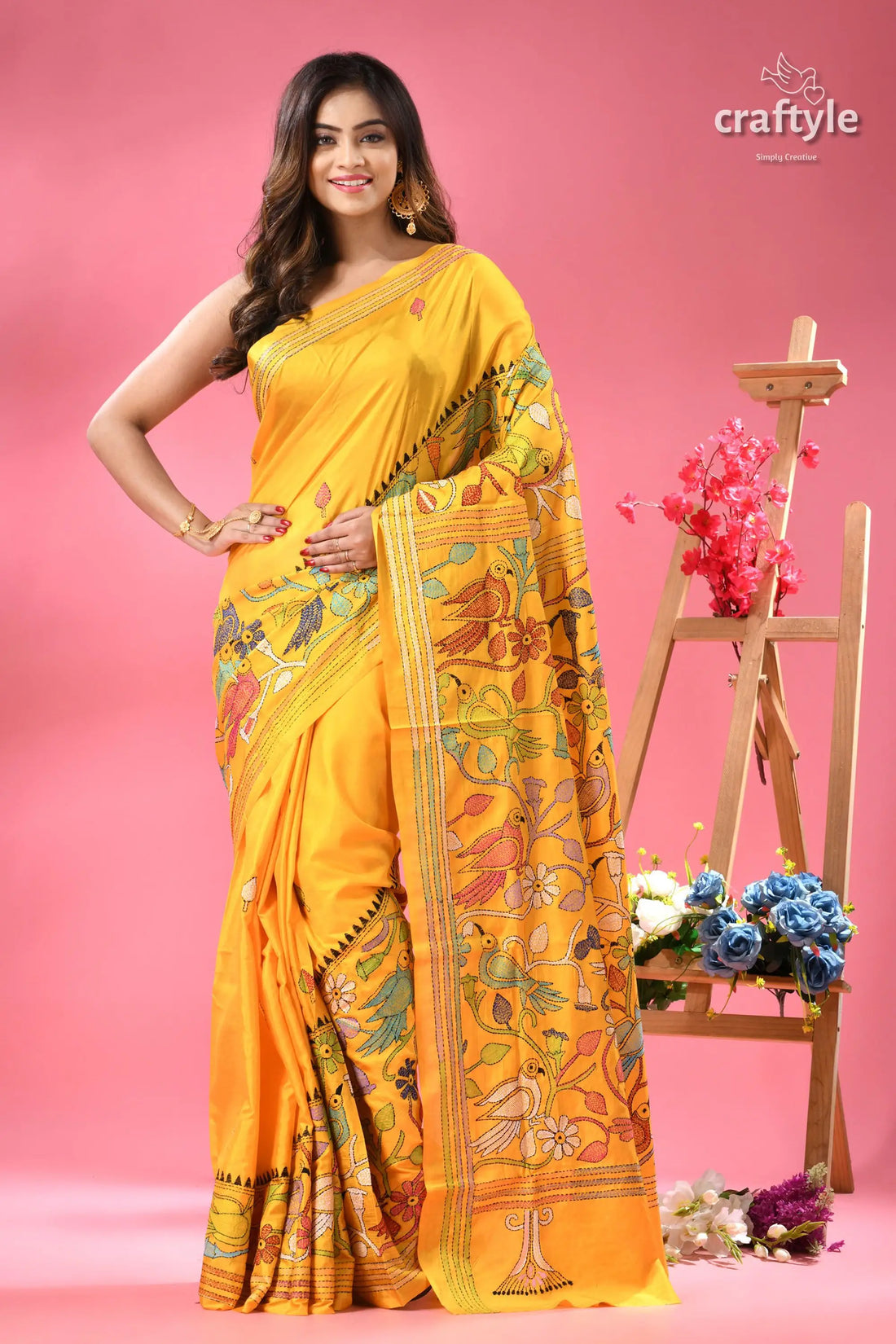 Cyber yellow multicolor bird motif silk kantha saree vibrant yellow saree adorned colorful 1
