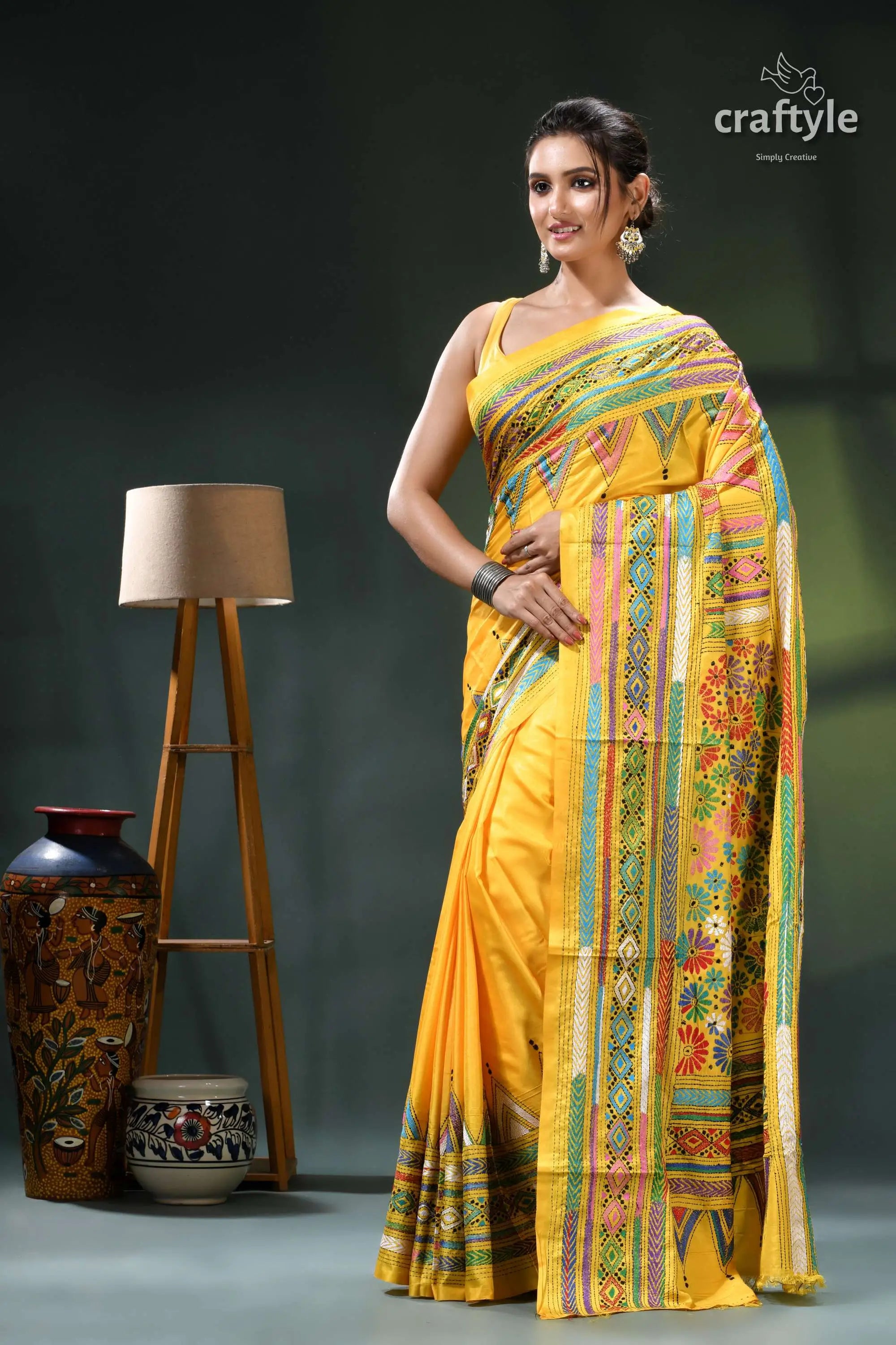 Cyber yellow silk kantha stitch saree - multicolor floral design yellow saree floral geometric patterns 3