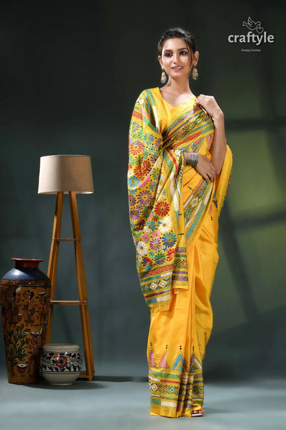 Cyber yellow silk kantha stitch saree - multicolor floral design yellow saree intricate floral geometric 4
