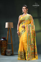 Cyber yellow silk kantha stitch saree - multicolor floral design yellow saree intricate floral patterns 1