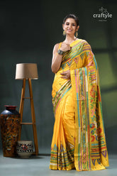 Cyber yellow silk kantha stitch saree - multicolor floral design yellow saree intricate floral patterns 6
